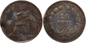 French Indo-China 20 Cents 1893 A 
 French Indo-China 20 Cents 1893 A Silver KM#3 Paris Mint&nbsp; 
Grade: VF