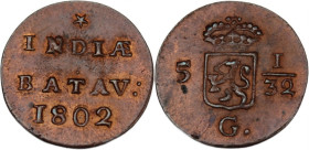 Netherlands East Indies 'Batavian Republic' Duit 1802 G 
 Netherlands East Indies 'Batavian Republic' Duit 1802 G Copper KM#76

Grade: AU-UNC