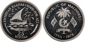 Maldive Islands 25 Rufiyaa 1978 (AH 1398) 
 Maldive Islands 25 Rufiyaa 1978 (AH 1398) Silver KM#58a F.A.O Mintage:2000 Pcs 
Grade: PROOF