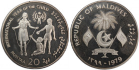Maldive Islands 20 Rufiyaa 1979 (AH 1399) 
 Maldive Islands 20 Rufiyaa 1979 (AH 1399) Silver KM#61 Year of the Child 
Grade: PROOF