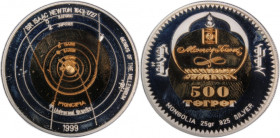 Mongolia 500 Tugrik 1999 
 Mongolia 500 Tugrik 1999 Bi-Metalik Goldine center in Silver Ring KM#182 Isaak Newton Mintage:2500 Pcs 
Grade: PROOF