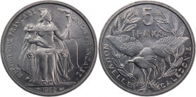 New Caledonia 5 Francs 1952 Essai 
 New Caledonia 5 Francs 1952 Essai Aluminium KM#4 Mintage:1200 Pcs 
Grade: UNC