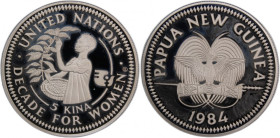 Papua New Guinea 5 Kina 1984 
 Papua New Guinea 5 Kina 1984 Silver KM#28 28.28 Gm Decade for Women Mintege:1050 Pcs 
Grade: PROOF