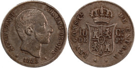 Philippines 10 Centimos 1883 
 Philippines 10 Centimos 1883 Silver KM#148 Alfonso XII 
Grade: XF
