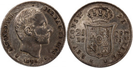 Philippines 20 Centimos 1885 Overdate 
 Philippines 20 Centimos 1885 Overdate Silver KM#149 Alfonso XII Over-Date 
Grade: XF