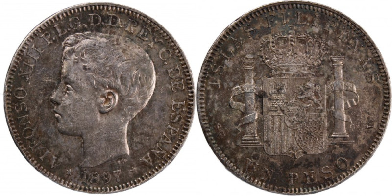 Philippines 1 Peso 1897 SG V 
 Philippines 1 Peso 1897 SG V Alfonso XII Silver ...