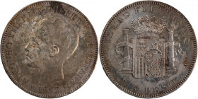 Philippines 1 Peso 1897 SGV 
 Philippines 1 Peso 1897 SGV Alfonso XII Silver KM#154

Grade: VF+