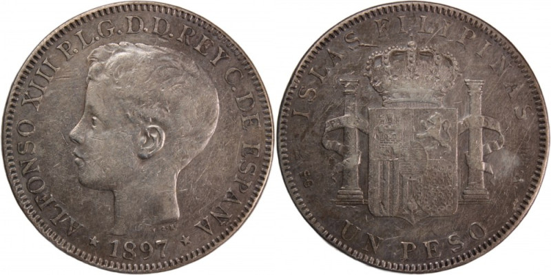 Philippines 1 Peso 1897 SGV 
 Philippines 1 Peso 1897 SGV Silver KM#154 Alfonso...