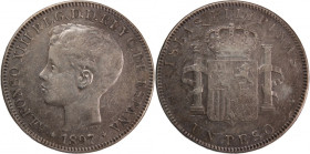 Philippines 1 Peso 1897 SGV 
 Philippines 1 Peso 1897 SGV Silver KM#154 Alfonso XIII 
Grade: VF