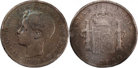 Philippines 1 Peso 1897 
 Philippines 1 Peso 1897 Silver KM#154 Alfonso XIII

Grade: VF