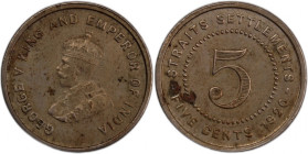 Straits Settlements 5 Cents 1920 
 Straits Settlements 5 Cents 1920 Copper-Nickel KM#34 George V&nbsp; 
Grade: XF