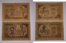 Vietnam 5 Dong 1948/5 Dong 1946 (Lot of 2 Banknotes) 
 Vietnam 5 Dong 1948/5 Dong 1946 (Lot of 2 Banknotes) KM#3a/KM#3b 
Grade: F-VF
