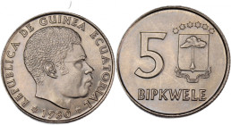 Equatorial Guinea 5 Bipkwele 1980 
 Equatorial Guinea 5 Bipkwele 1980 Copper-Nickel KM#51&nbsp; 
Grade: UNC