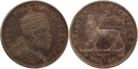 Ethiopia 1/4 Birr 1895 (EE1887) 
 Ethiopia 1/4 Birr 1895 (EE1887) Silver KM#3 Menelik II&nbsp; 7 Gm 
Grade: AU