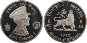 Ethiopia 5 Dollars 1972 
 Ethiopia 5 Dollars 1972 Haile Selassie Second Reign Silver KM#52 
Grade: PROOF