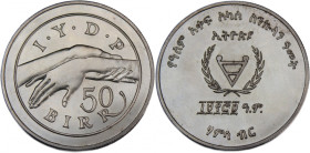 Ethiopia 50 Birr 1982 (EE1974) 
 Ethiopia 50 Birr 1982 (EE1974) Silver KM#75 28.28 Gm Year of Desabled Persons Mintage:11000 Pcs 
Grade: UNC