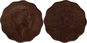 Iraq 10 Fils 1943-l (AH 1362) 
 Iraq 10 Fils 1943-l (AH 1362) Iraq 10 Fils 1943-l (AH 1362) Faisal II Bronze KM#108

Grade: AU