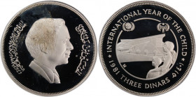 Jordan 3 Dinars 1981 (AH 1401) 
 Jordan 3 Dinars 1981 (AH 1401) Silver KM#43 International Year of the Child 
Grade: PROOF
