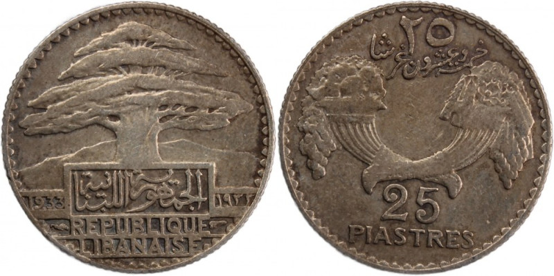 Lebanon 25 Piastres 1933 
 Lebanon 25 Piastres 1933 Silver KM#7&nbsp; French Pr...