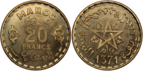 Morocco 20 Francs 1952 (1371) 
 Morocco 20 Francs 1952 (1371) Bronze-Aluminium&nbsp; KM#20 

Grade: UNC