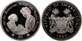 Sierra Leone 10 Dollars 1997 
 Sierra Leone 10 Dollars 1997 Silver KM#78 Diana- The People's&nbsp; Princess Mother Teresa&nbsp; Mintage:10000 Pcs&nbs...