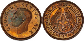 South Africa 1/4 Penny 1951 
 South Africa 1/4 Penny 1951 South Africa 1/4 Penny 1951 George VI Mintage: 2,000 pcs Bronze KM#32.2 PROOF

Grade: PRO...
