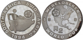 South Africa 2 Rand 1994 
 South Africa 2 Rand 1994 Silver KM#156 Mintage;3498 Pcs World Cup Soccer 
Grade: PROOF