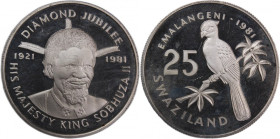 Swaziland 25 Emalangeni 1981 
 Swaziland 25 Emalangeni 1981 Silver KM#34 Diomand Jubilee of King Sobhuza II Mintage:10000 Pcs 
Grade: PROOF