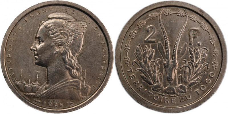 Togo 2 Francs 1948 Essai 
 Togo 2 Francs 1948 Essai Copper-Nickel KM#E5 Mintage...