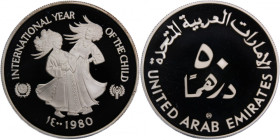 United Arab Emirates 50 Dirhams 1980 
 United Arab Emirates 50 Dirhams 1980 Silver KM#7&nbsp; &nbsp;Mintage:8031 Pcs Unicef&nbsp; 
Grade: PROOF