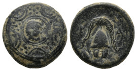 KINGS OF MACEDON. Philip III Arrhidaios (Circa 323-317 BC)
AE Unit (16,5mm 5,1g)
Obv: Macedonian shield, on boss, head of Herakles right, wearing li...
