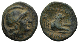KINGS of THRACE. Lysimachos (305-281 BC). Lysimacheia.
AE Bronze (14,7mm 2,55g)
Obv: Head of Athena to right, wearing crested Attic helmet.
Rev: ΒΑ...