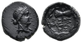 PHRYGIA. Abbaitis. (circa 200-0 BC)
AE Bronze (16,2mm 3,9g)
Obv: Laureate head of Apollo right
Rev: MYΣΩN ABBA and monogram above and beneath labry...