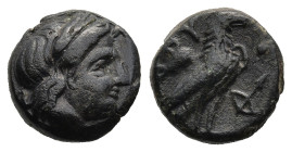 TROAS. Abydos. (Circa 320-200 BC).
AE Bronze (10,1mm 1,4g)
Obv: Laureate head of Apollo to right
Rev: Eagle standing to right; ABY behind, bow and ...