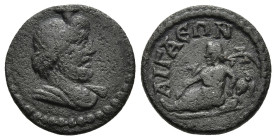 AEOLIS. Aigai. Pseudo-autonomous issue, (2nd-3rd century AD)
AE Bronze (15,5mm 2,4g)
Obv: Draped bust of Sarapis wearing kalathos, right
Rev: ΑΙΓΑΕ...