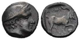 THRACE. Ainos. (Circa 408-406 BC)
AR Diobol (12mm 1,34g)
Obv: Head of Hermes right wearing petasos.
Rev: AINI,Goat standing right; crab below raise...