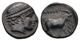 THRACE. Ainos. (Circa 409/8-408/7 BC)
AR Diobol (11,3mm 1,2g)
Obv: Head of Hermes right, wearing petasos
Rev: Goat standing right; laurel branch to...