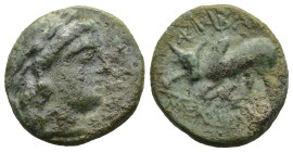 CARIA. Alabanda. (Circa 167-100 BC)
AE Bronze (17,2mm 3,9g)
Obv : Laureate head of Apollo right.
Rev : AΛAΒANΔEΩN. Humped bull butting left.
Imhoo...