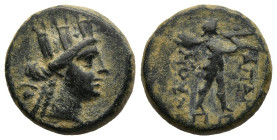 PHRYGIA. Apameia. (Circa 88-40 BC)
AE Bronze (15,9mm 3,9g)
Obv: Turreted head of Artemis-Tyche right, with bow and quiver over shoulder.
Rev: Marsy...