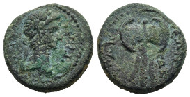 CARIA. Aphrodisias. Augustus (27 BC-AD 14). Sozon, magistrate.
AE Bronze (14,8mm 2g)
Obv: CEBACTOC. Laureate head right.
Rev: AΦPOΔICIEΩN CΩΖΩΝ. Do...