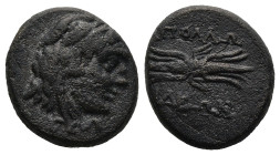 LYDIA. Apollonis. (Late 2nd-1st century BC)
AE Bronze (14,2mm 2,9g)
Obv: Head of Herakles to right, wearing lion skin headdress.
Rev: AΠOΛΛΩ/NIΔEΩN...
