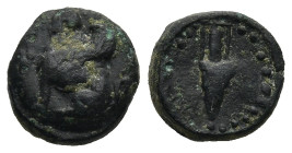 ISLANDS OFF IONIA. Chios. (Circa 310-190 BC).
AE Bronze (10,6mm 1,5g)
Obv: Sphinx seated left; to left, grape bunch above amphora; all on raised cir...