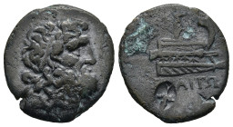AEOLIS. Elaea. (Circa 2nd-1st centuries BC)
AE Bronze (17,6mm 2,84g)
Obv: Laureate head of Poseidon right
Rev: EΛAITΩN. Nike standing right on ship...