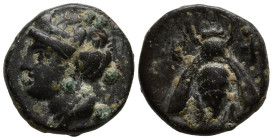 IONIA. Ephesos. (Circa 375-325 BC)
AE Bronze (11,1mm 1,22g)
Obv: Female head left, wearing mural-crown.
Rev: E - Φ. Bee.
SNG von Aulock 1839; SNG ...