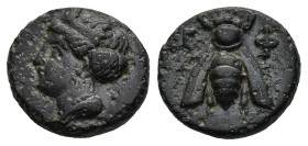 IONIA. Ephesos. (Circa 375-325 BC)
AE Bronze (11,8mm 1,3g)
Obv: Female head left, wearing mural-crown.
Rev: E - Φ. Bee.
SNG von Aulock 1839; SNG C...