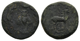 IONIA. Ephesos. (Circa 50-27 BC)
AE Bronze (15,6mm 2,66g)
Obv: Bee within wreath.
Rev: Stag standing right, head left; torch behind.
SNG von Auloc...