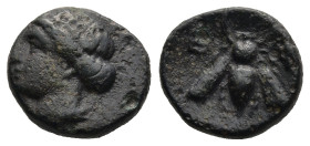 IONIA. Ephesos. (Circa 375-325 BC)
AE Bronze (12,1mm 1,5g)
Obv: Female head left, wearing mural-crown.
Rev: E - Φ. Bee.
SNG von Aulock 1839; SNG C...