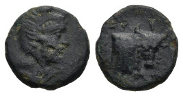IONIA. Erythrai. (circa 400-370 BC).
AE Bronze (10,1mm 1,2g)
Obv: Head of Herakles to right, wearing lion skin headdress
Rev: Head of bull; behind,...