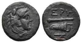 IONIA. Erythrai. (Circa 350-300 BC).
AE Bronze (12,8mm 1,5g)
Obv: Head of Herakles right, wearing lion's skin headdress
Rev: EPY. lub and bow in bo...