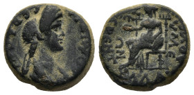PHRYGIA, Eumenea. Domitia, wife of Domitian (AD 81-96). Claudia Terentulla, high priestess
AE Bronze (14,3mm 3,9g)
Obv: ΔΟΜΙΤΙΑ ϹEΒΑϹΤΗ. Draped bust...